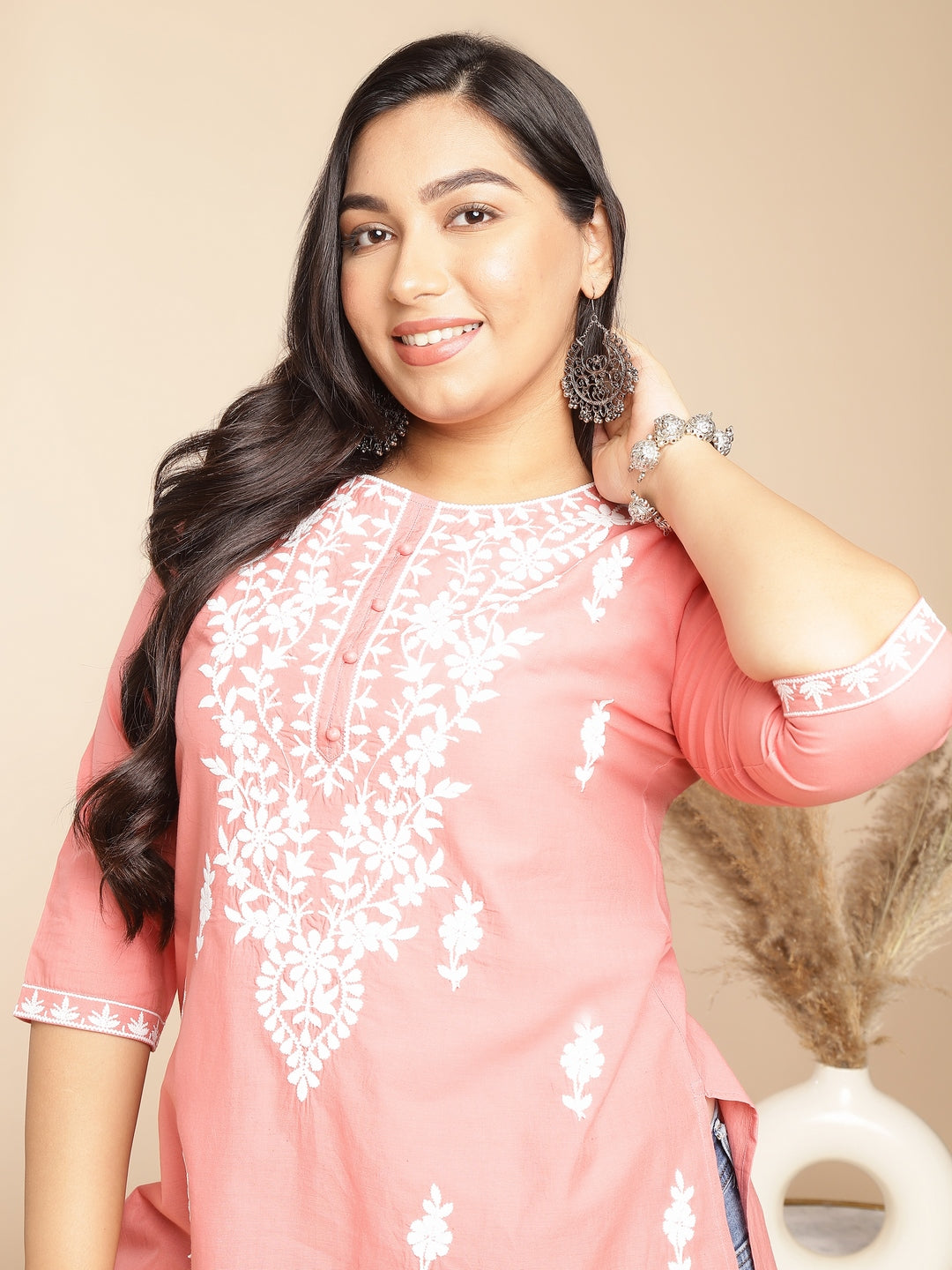 Janasya Regular Cambric Peach Embroidered Round Neck Tunic - Distacart