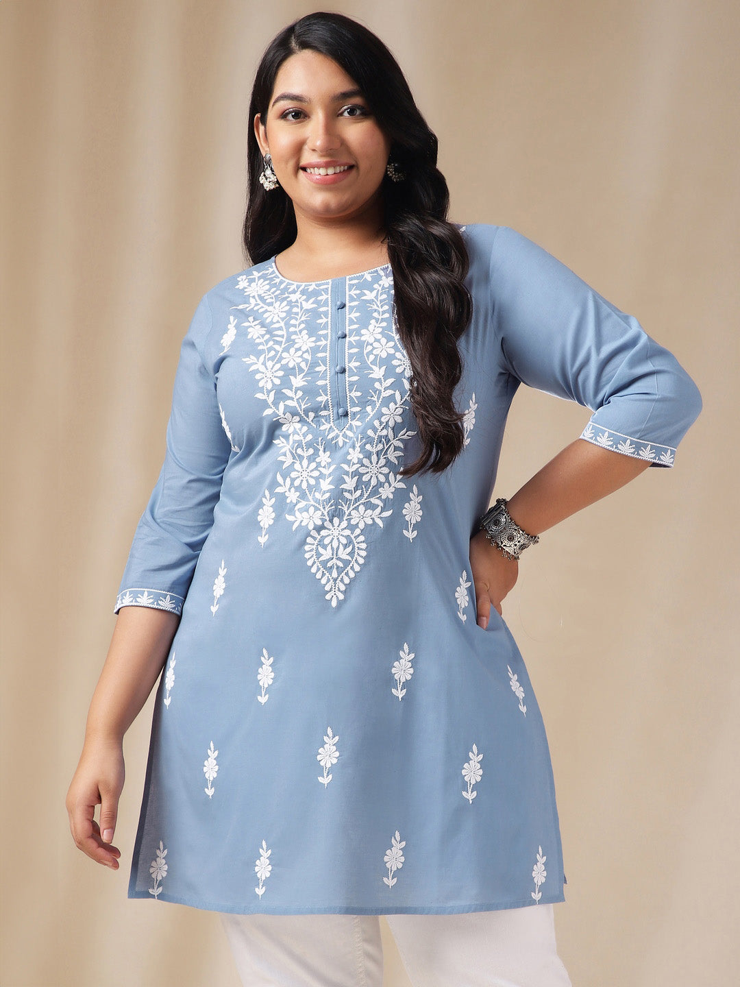 Janasya Regular Cambric Blue Embroidered Round Neck Tunic - Distacart
