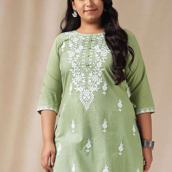 Janasya Regular Cambric Sage Embroidered Round Neck Tunic - Distacart