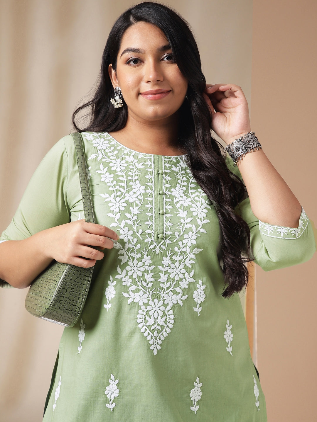 Janasya Regular Cambric Sage Embroidered Round Neck Tunic - Distacart