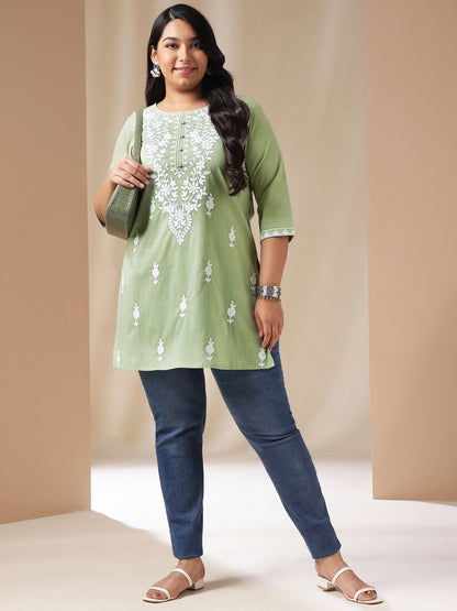 Janasya Regular Cambric Sage Embroidered Round Neck Tunic - Distacart