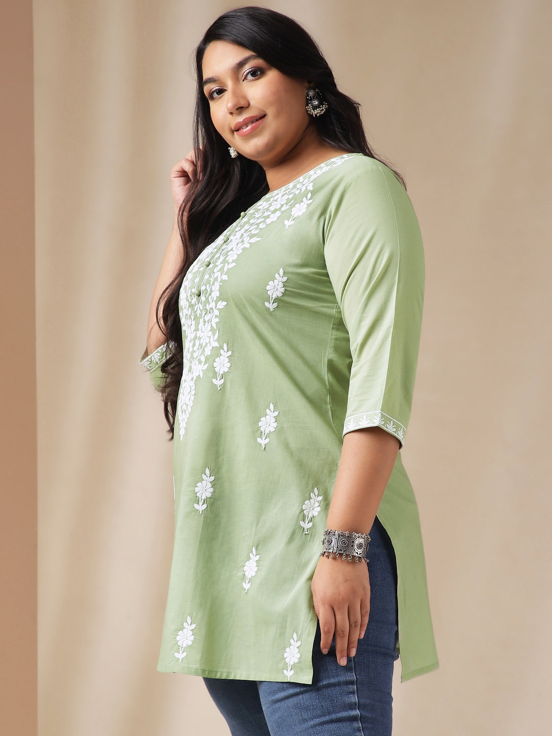 Janasya Regular Cambric Sage Embroidered Round Neck Tunic - Distacart