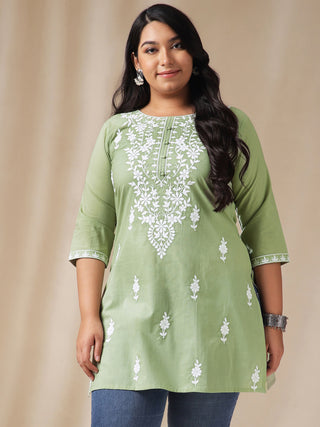 Janasya Regular Cambric Sage Embroidered Round Neck Tunic - Distacart