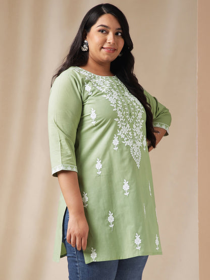 Janasya Regular Cambric Sage Embroidered Round Neck Tunic - Distacart