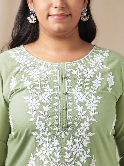 Janasya Regular Cambric Sage Embroidered Round Neck Tunic - Distacart