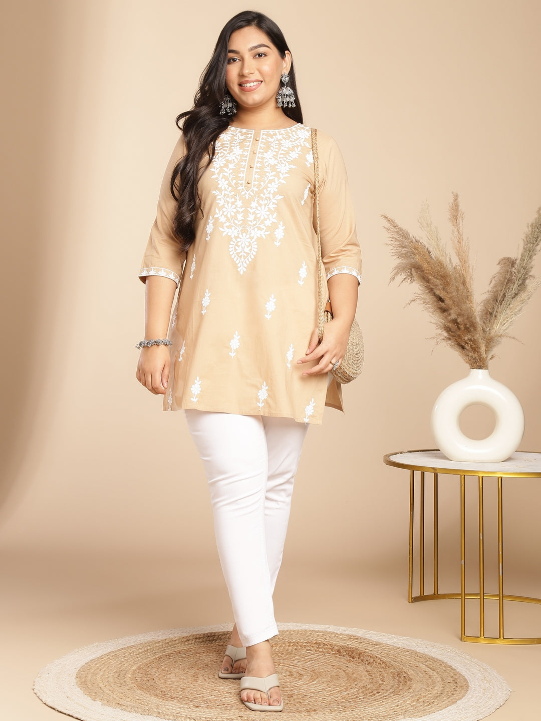 Janasya Straight Cambric Cream Embroidered Round Neck Tunic - Distacart