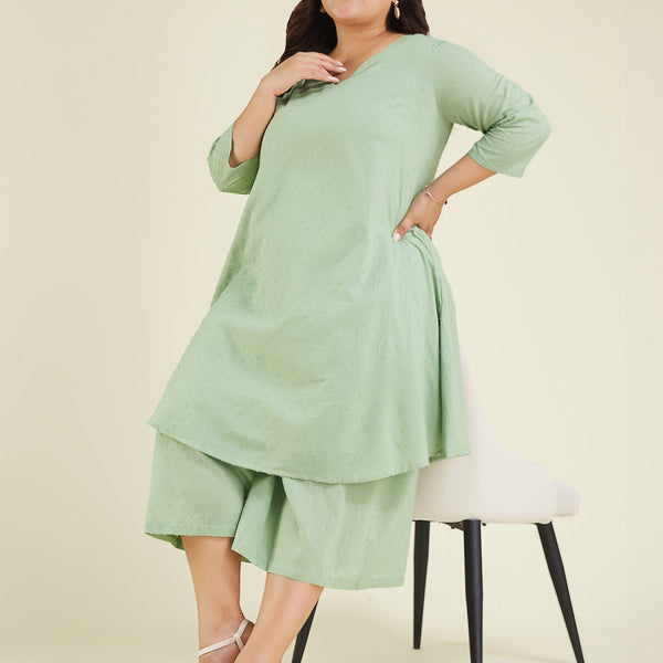 Janasya Light Dobby Cotton Self Design A-Line Top & Bottom Set