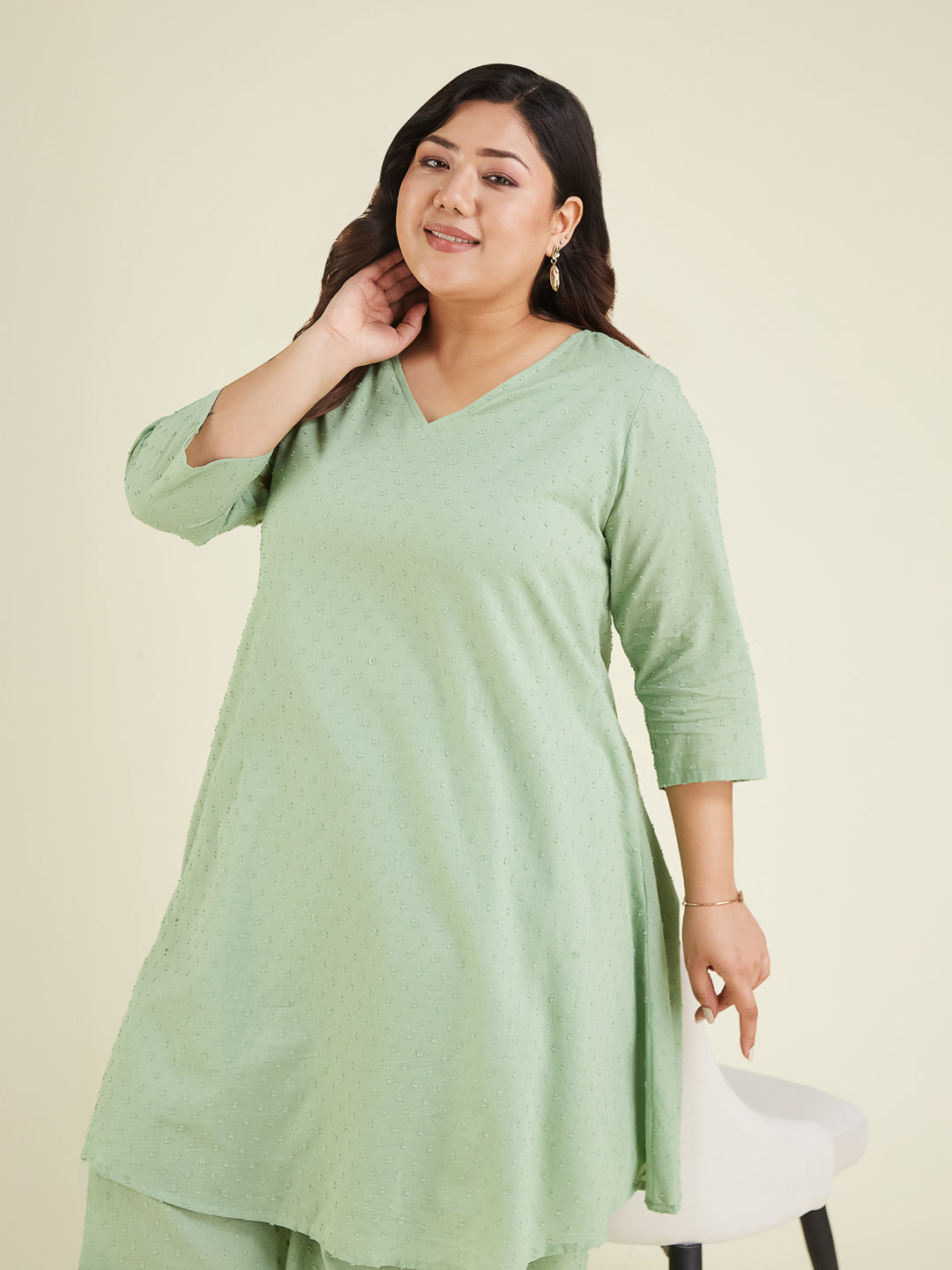 Janasya Light Dobby Cotton Self Design A-Line Top & Bottom Set