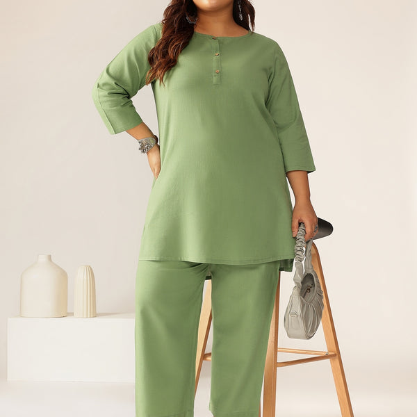 Janasya Dark Cotton Solid A-Line Top & Bottom Set