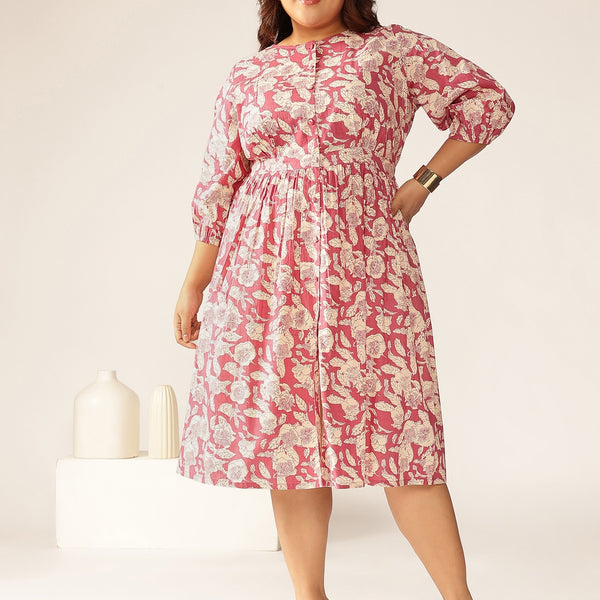 Janasya Dark Cotton Floral Gathered Dress