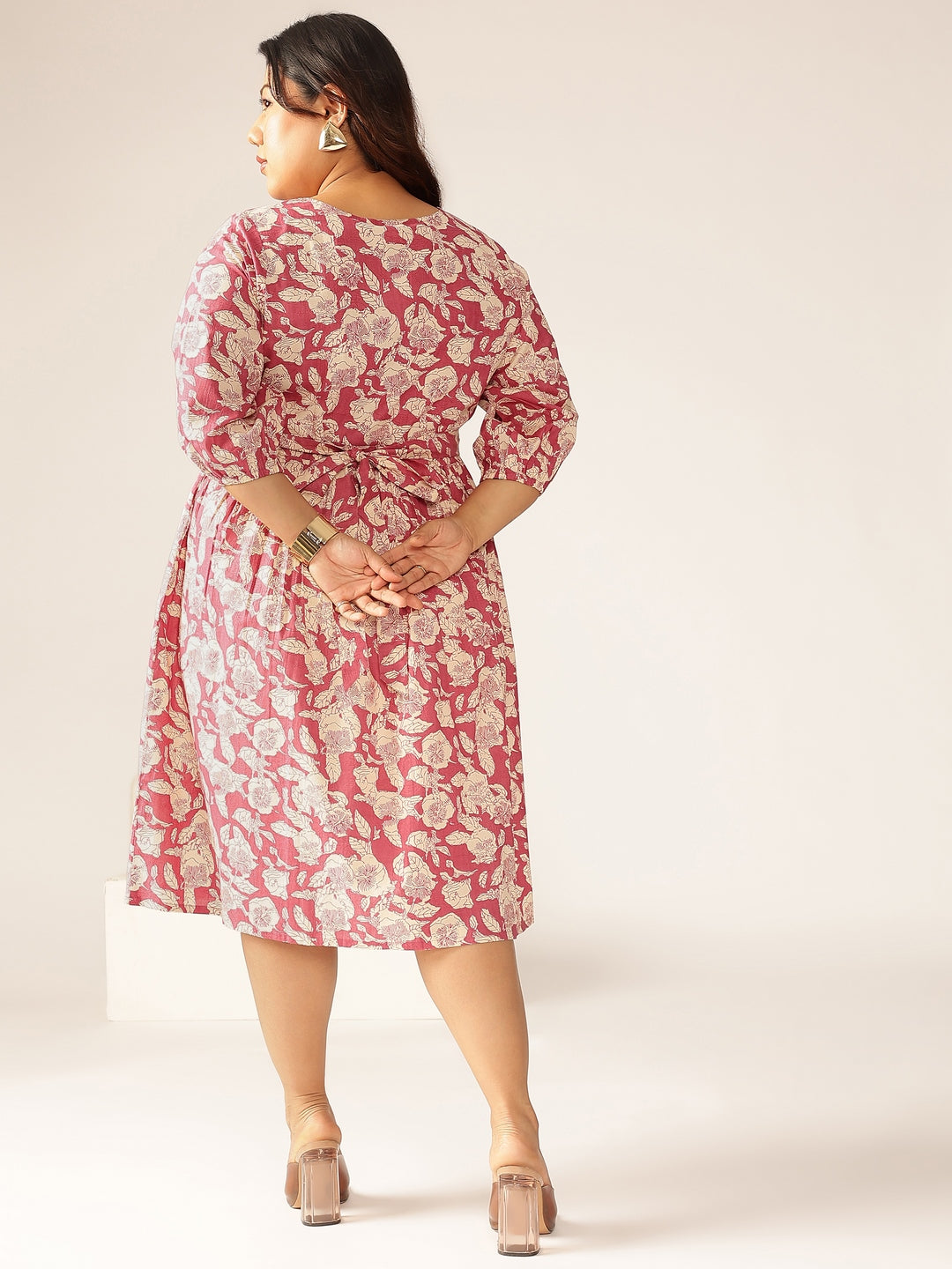 Janasya Dark Cotton Floral Gathered Dress