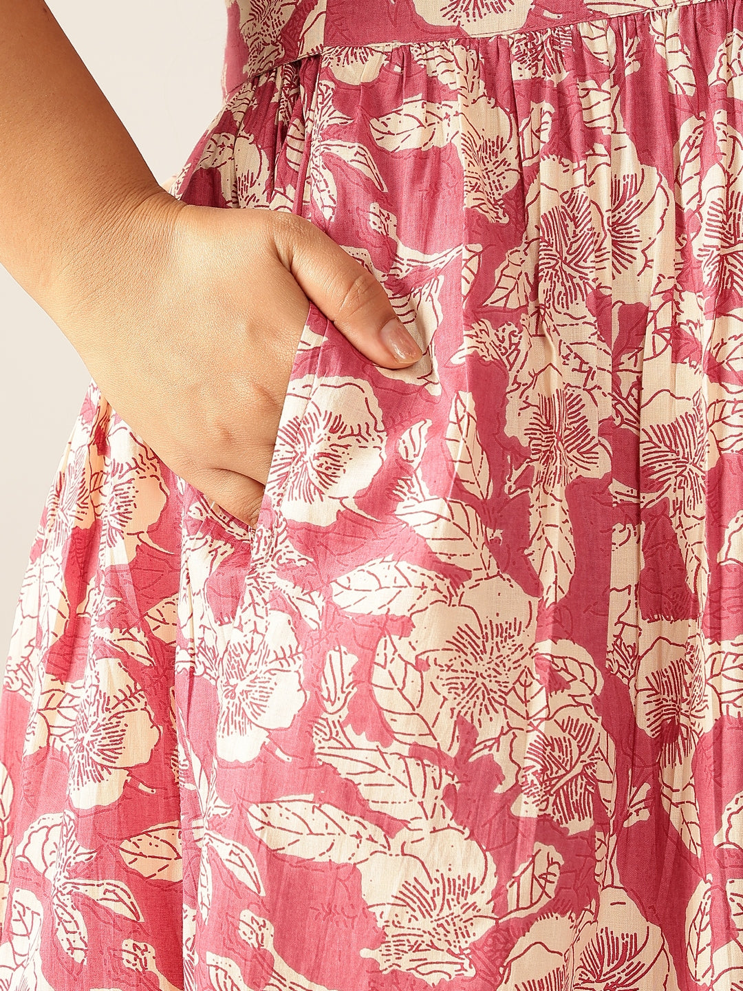 Janasya Dark Cotton Floral Gathered Dress