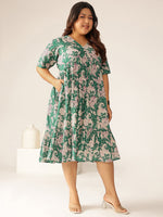 Thumbnail for Janasya Dark Cotton Floral Tiered Dress