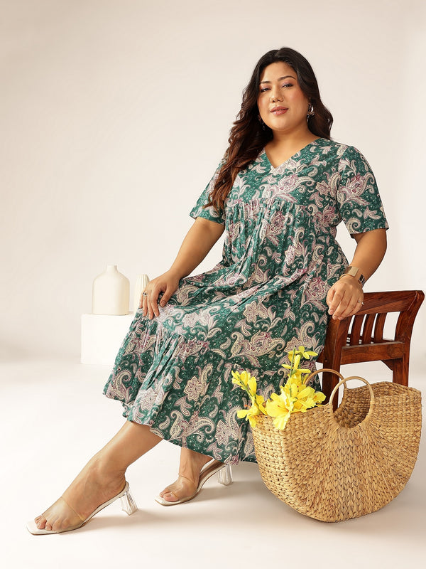 Janasya Dark Cotton Floral Tiered Dress