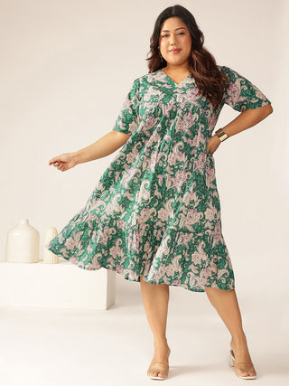 Janasya Dark Cotton Floral Tiered Dress