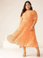 Thumbnail for Janasya Bright Georgette Floral Tiered Dress