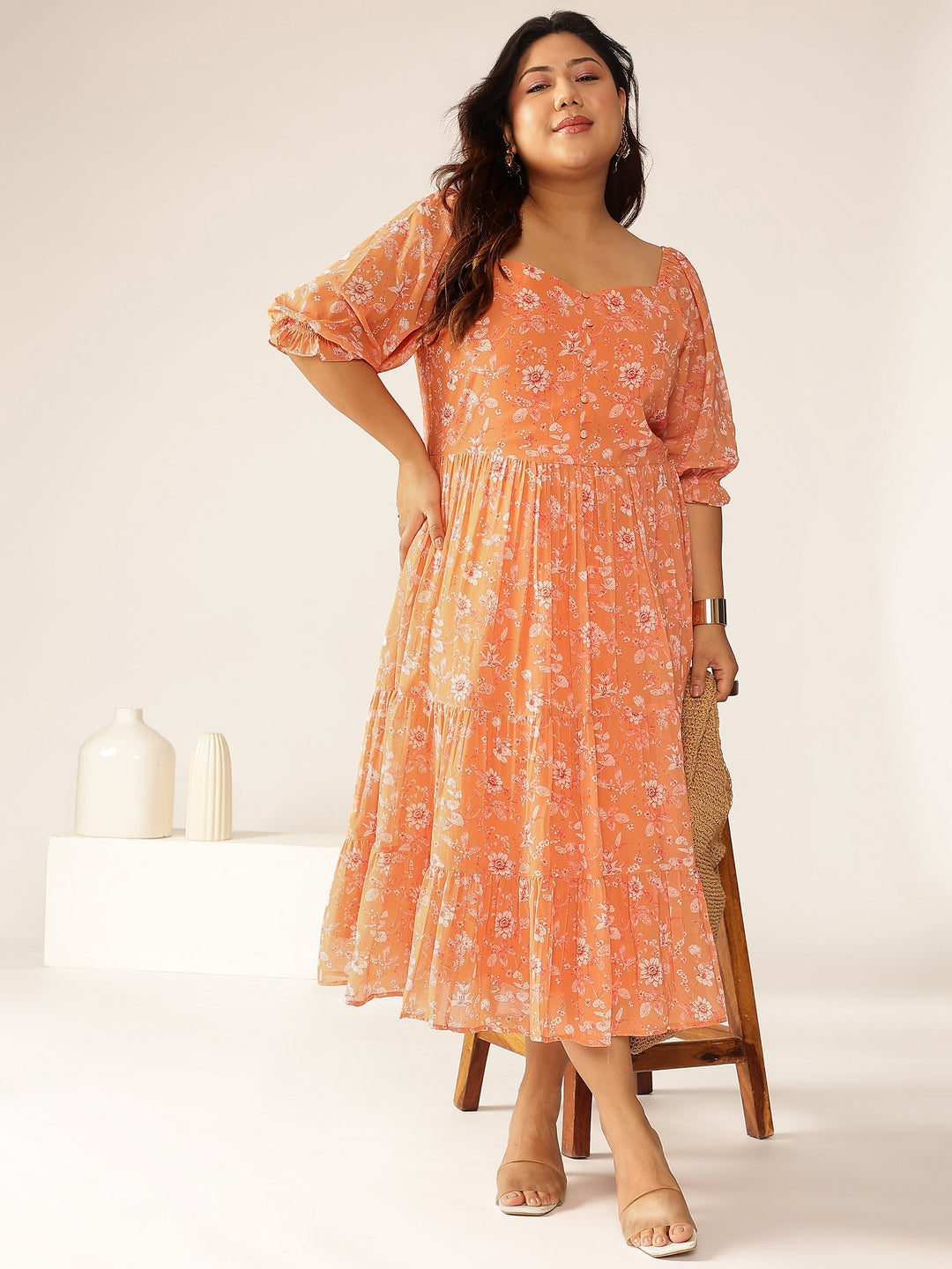 Janasya Bright Georgette Floral Tiered Dress