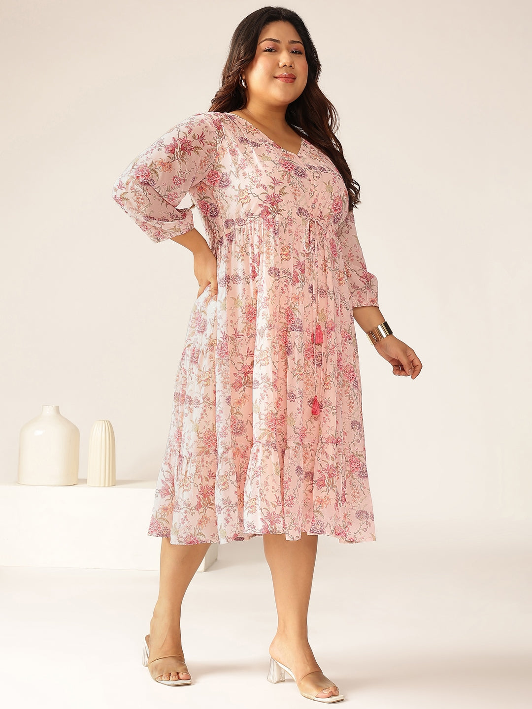 Janasya Light Georgette Floral Tiered Dress