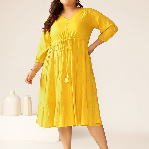 Janasya Dark Rayon Solid Tiered Dress