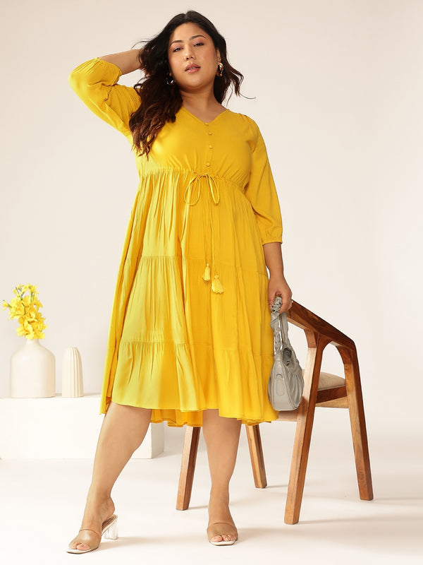 Janasya Dark Rayon Solid Tiered Dress