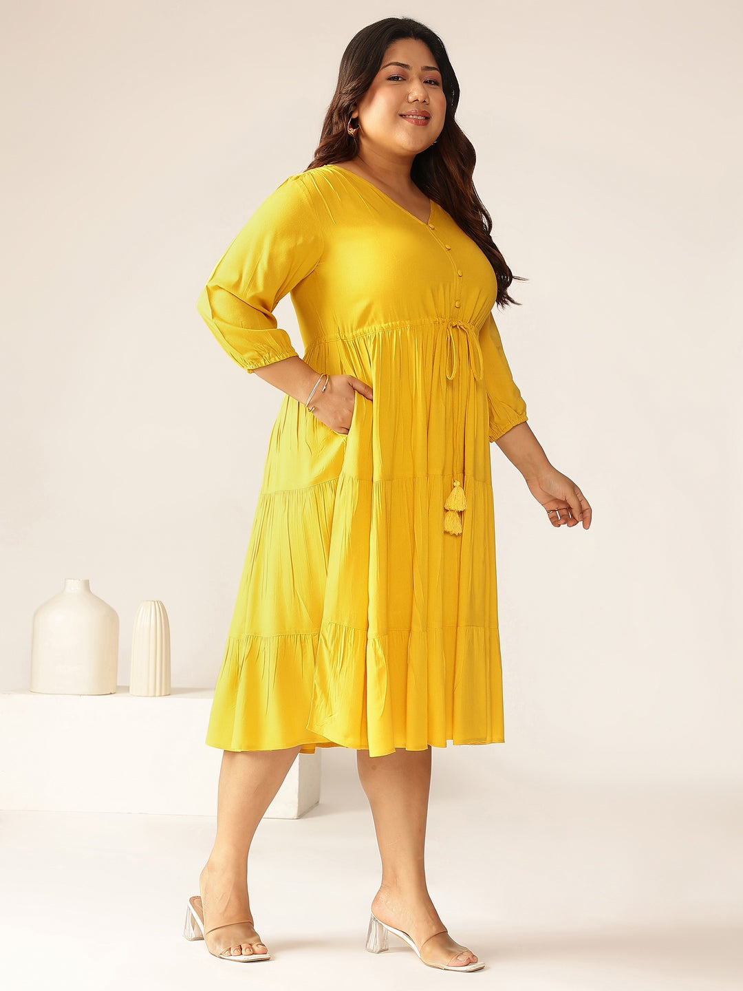 Janasya Dark Rayon Solid Tiered Dress