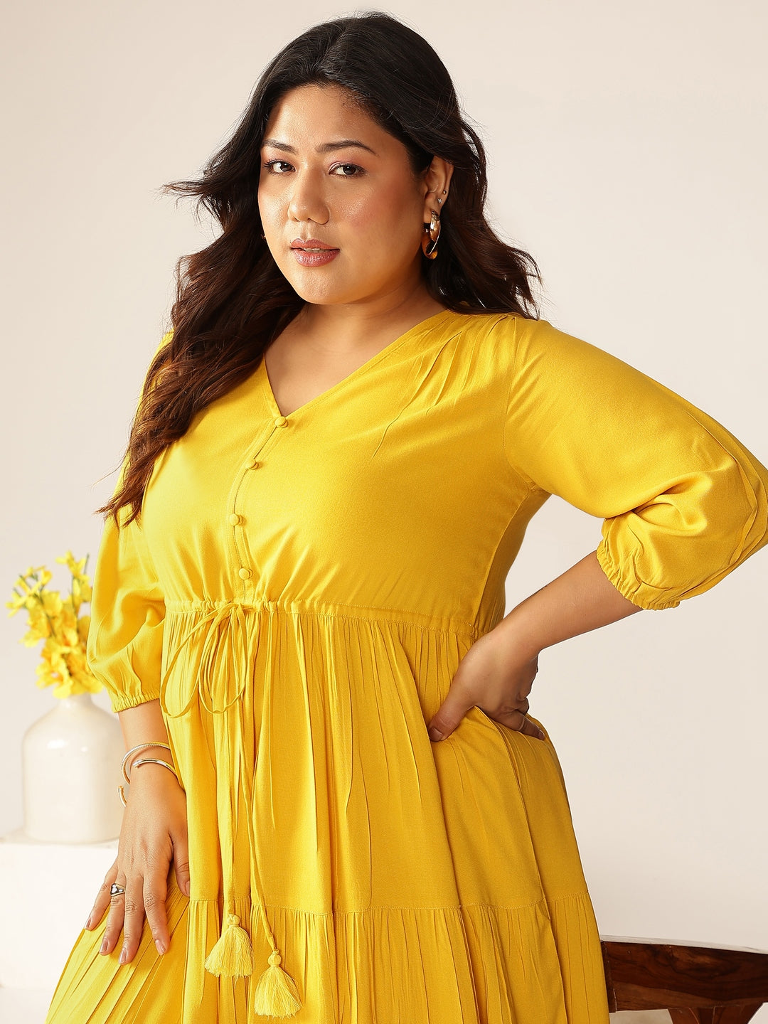 Janasya Dark Rayon Solid Tiered Dress