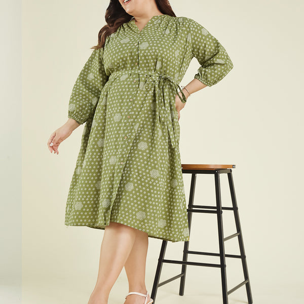 Janasya Dark Cotton Floral A-Line Dress