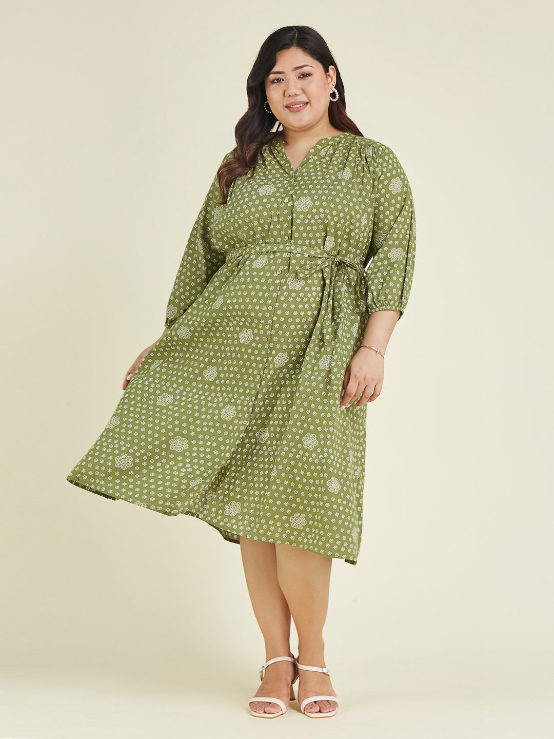 Janasya Dark Cotton Floral A-Line Dress
