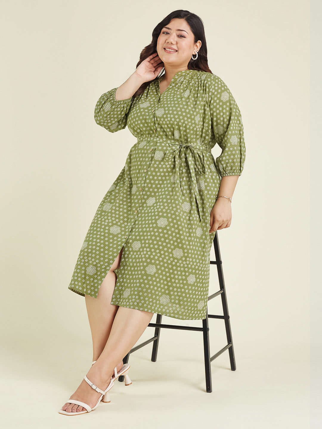 Janasya Dark Cotton Floral A-Line Dress