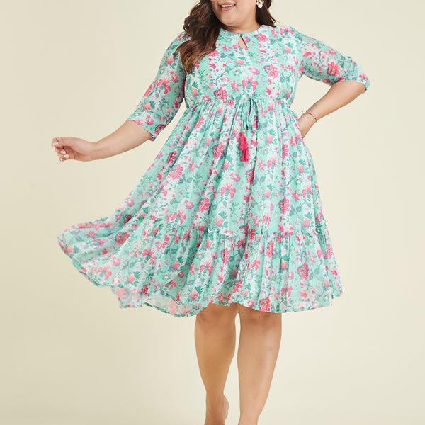 Janasya Light Georgette Floral Fit & Flare Dress
