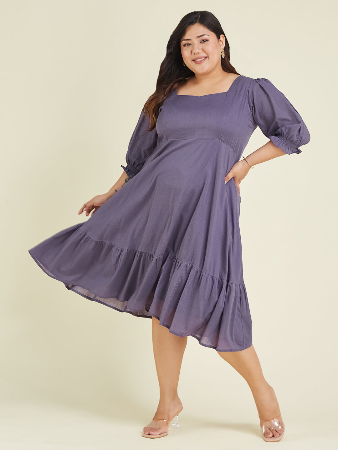 Janasya Light Cotton Solid A-Line Dress