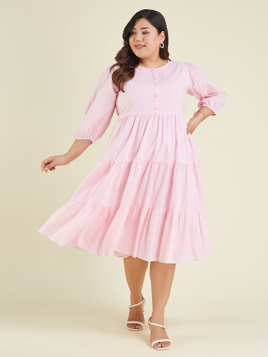 Janasya Cotton Solid Tiered Dress