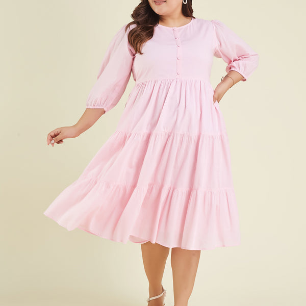 Janasya Cotton Solid Tiered Dress