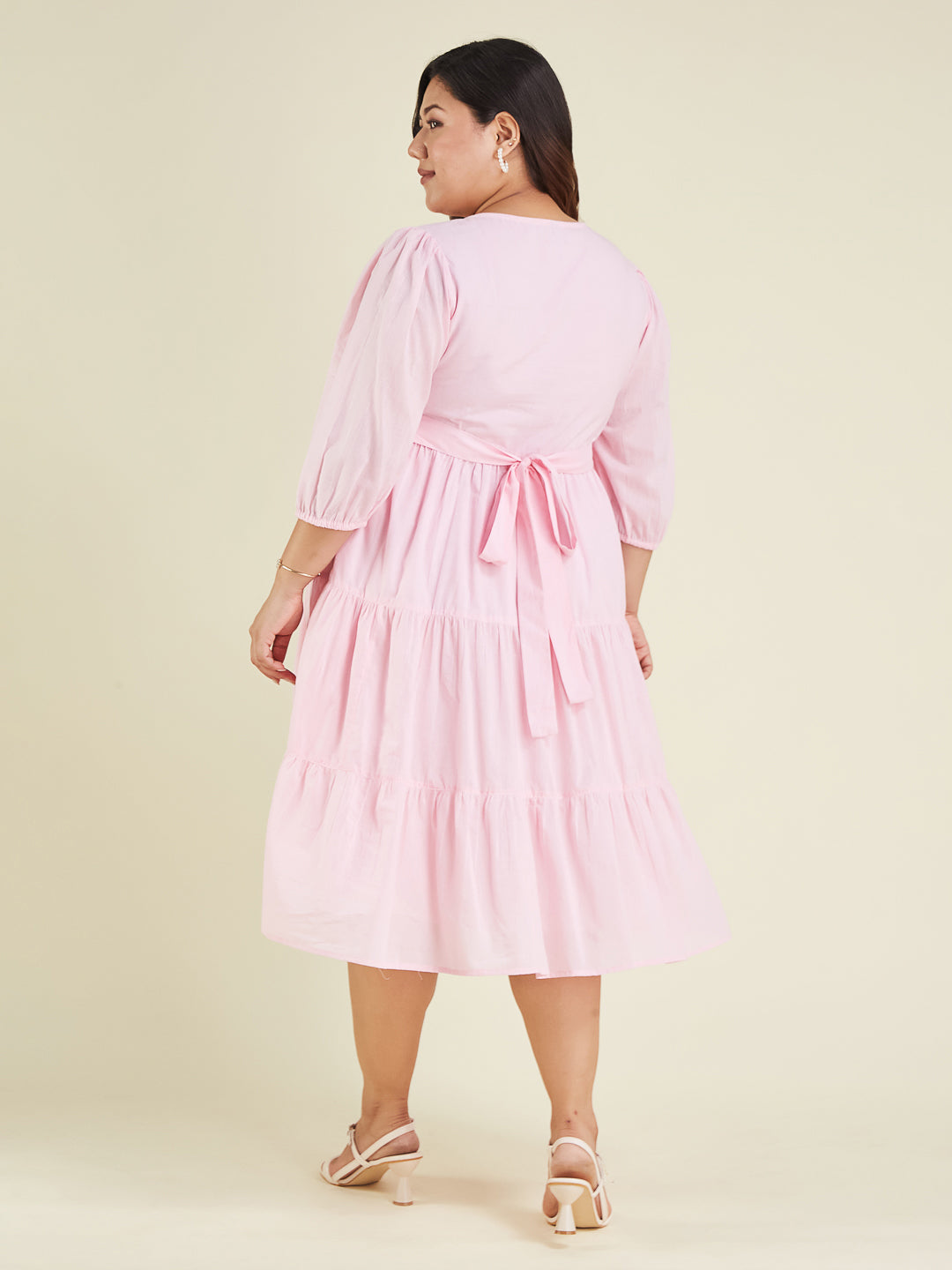 Janasya Cotton Solid Tiered Dress
