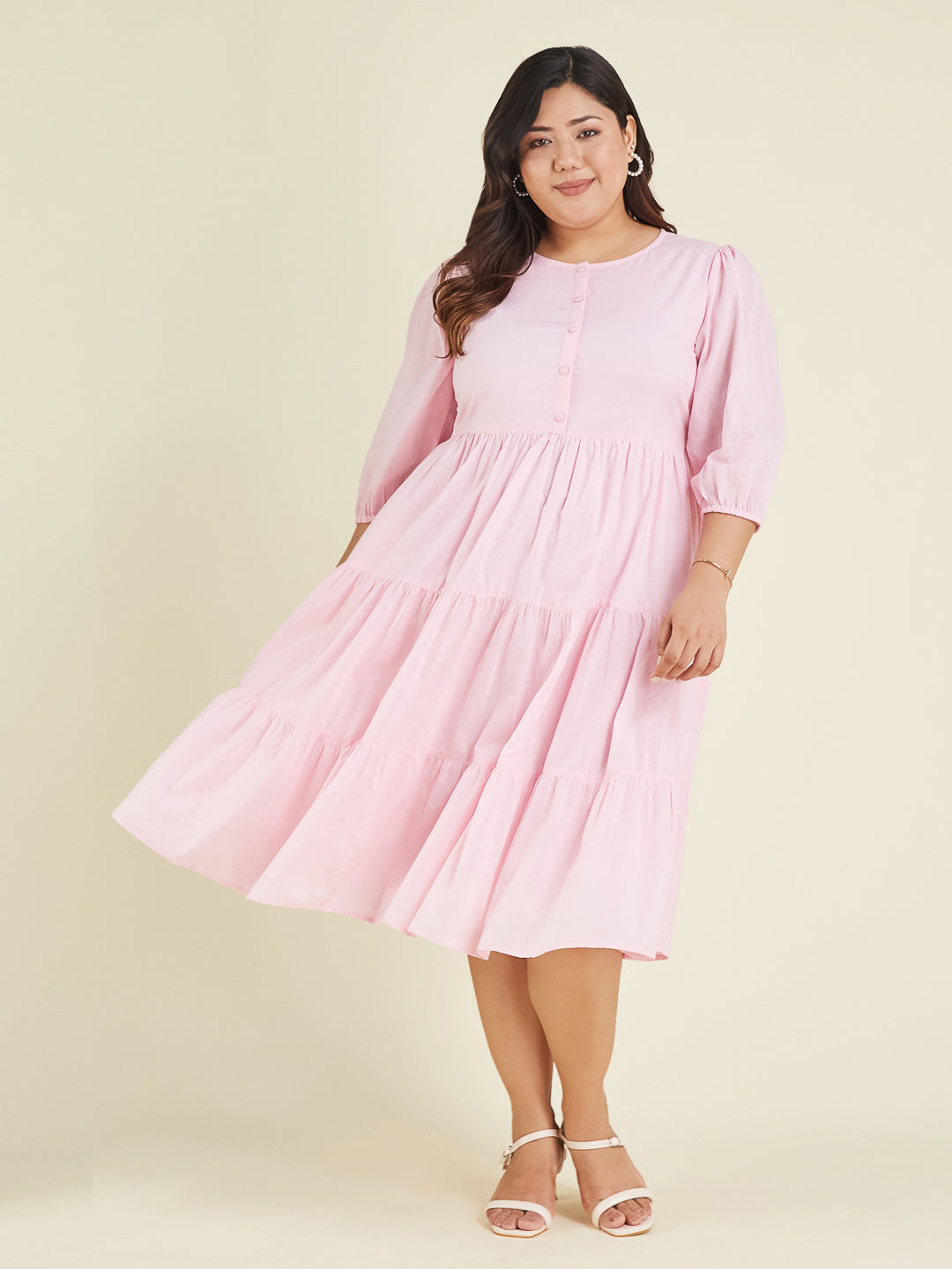 Janasya Cotton Solid Tiered Dress