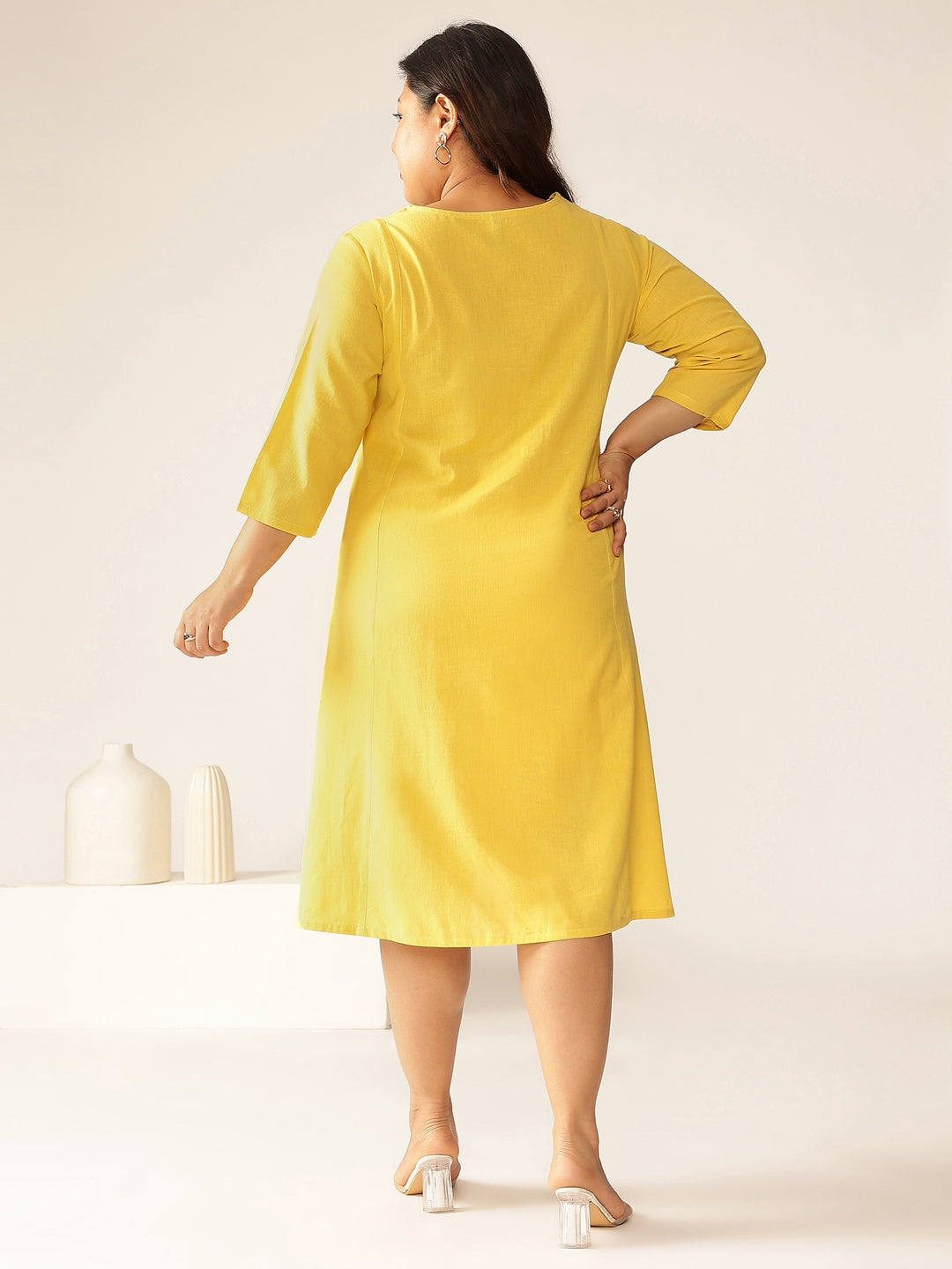 Janasya Bright Cotton Solid A-Line Dress