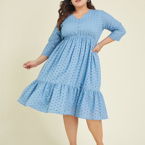 Janasya Light Cotton Schiffli Fit & Flare Dress