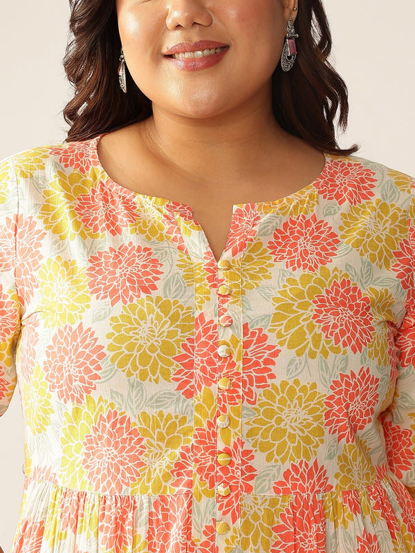 Janasya Light Cotton Floral A-Line Kurta Set