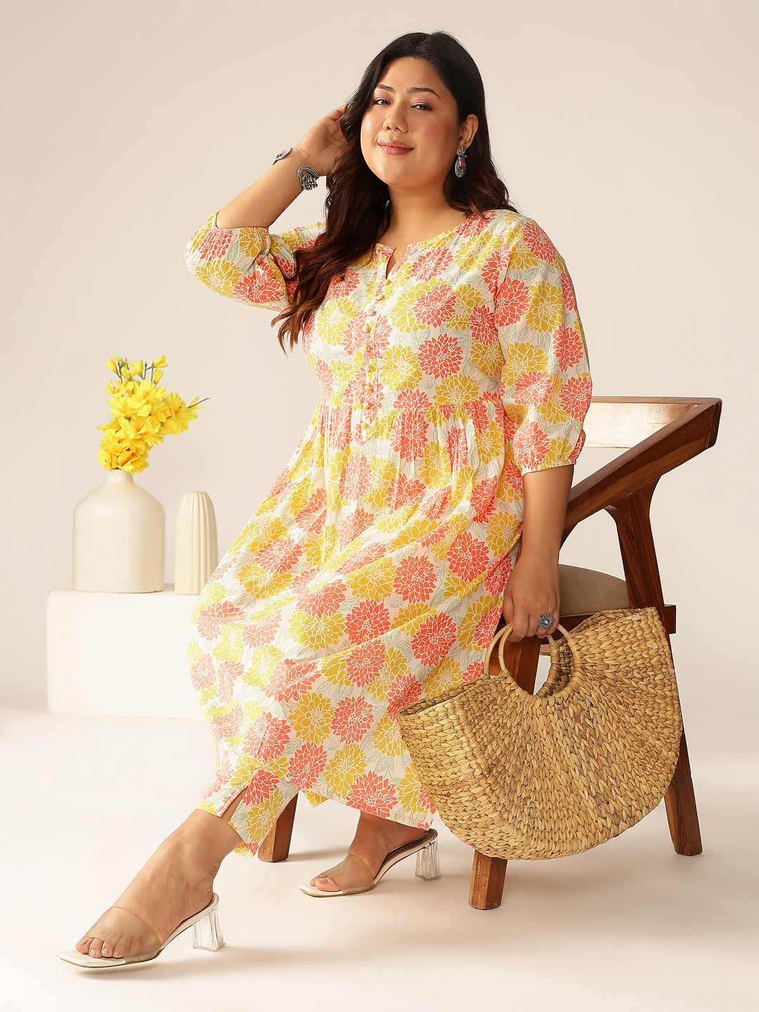 Janasya Light Cotton Floral A-Line Kurta Set