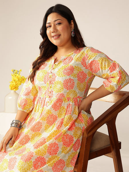 Janasya Light Cotton Floral A-Line Kurta Set