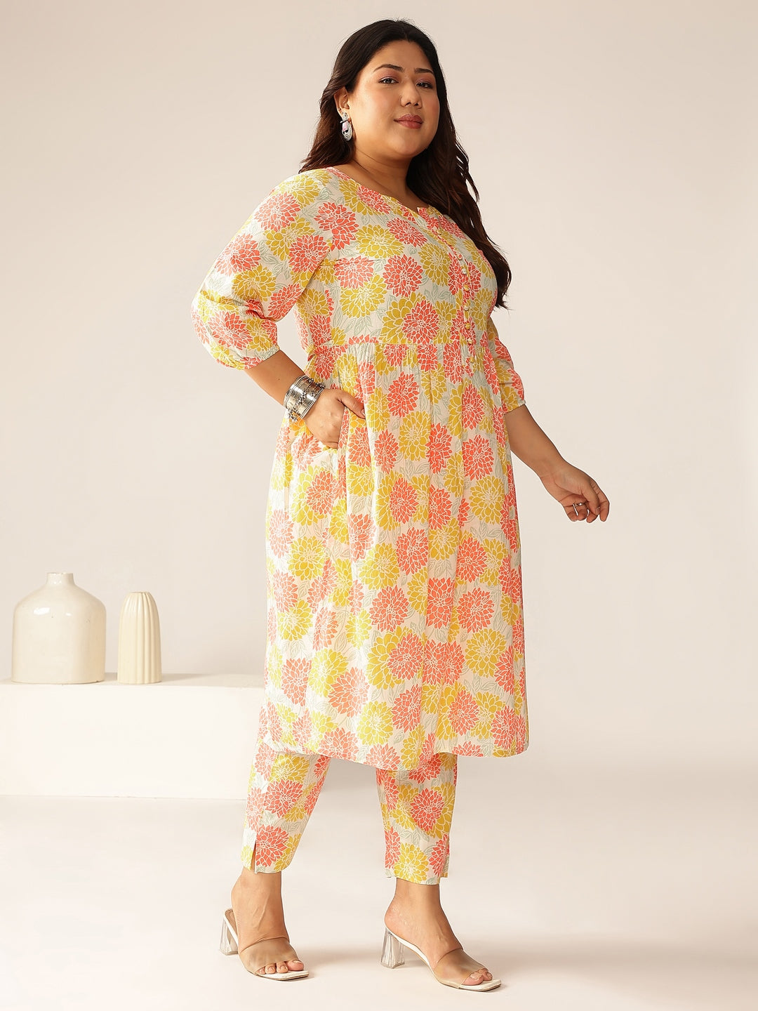 Janasya Light Cotton Floral A-Line Kurta Set