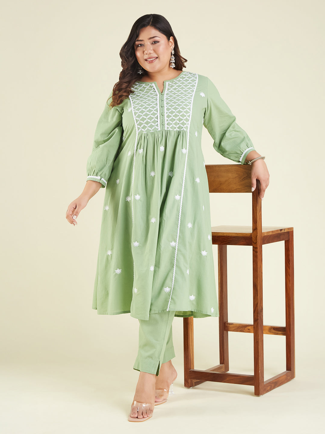 Janasya Light Cotton Embroidered A-Line Kurta Set