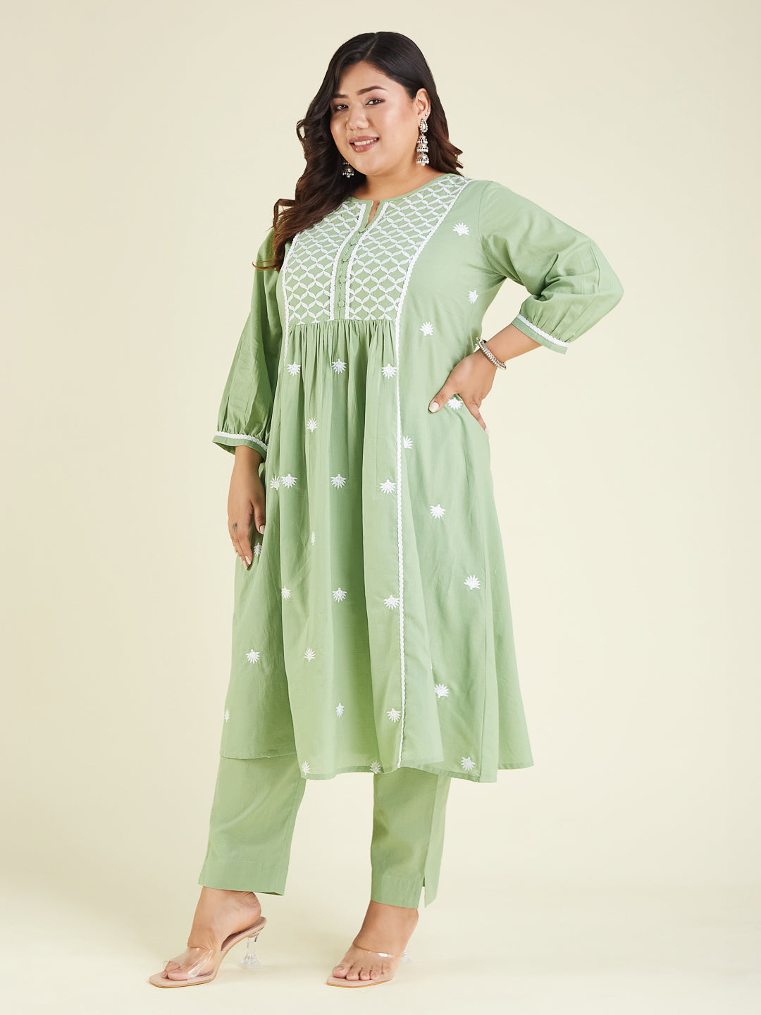 Janasya Light Cotton Embroidered A-Line Kurta Set
