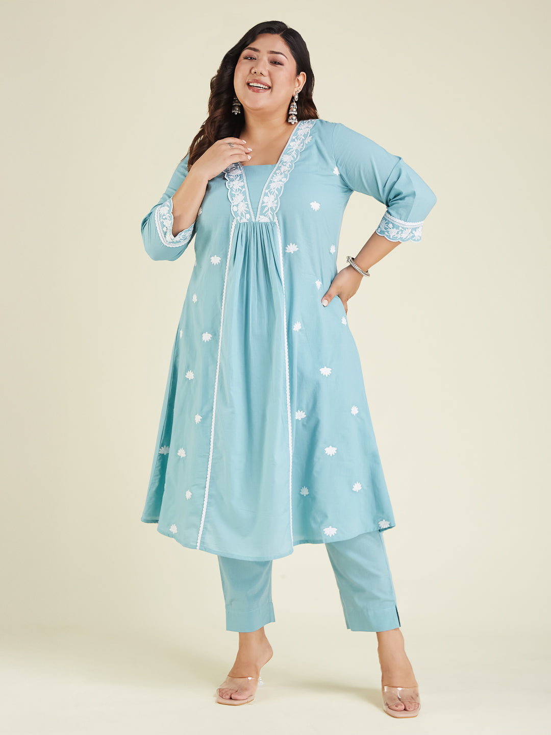 Janasya Light Cotton Embroidered A-Line Kurta Set