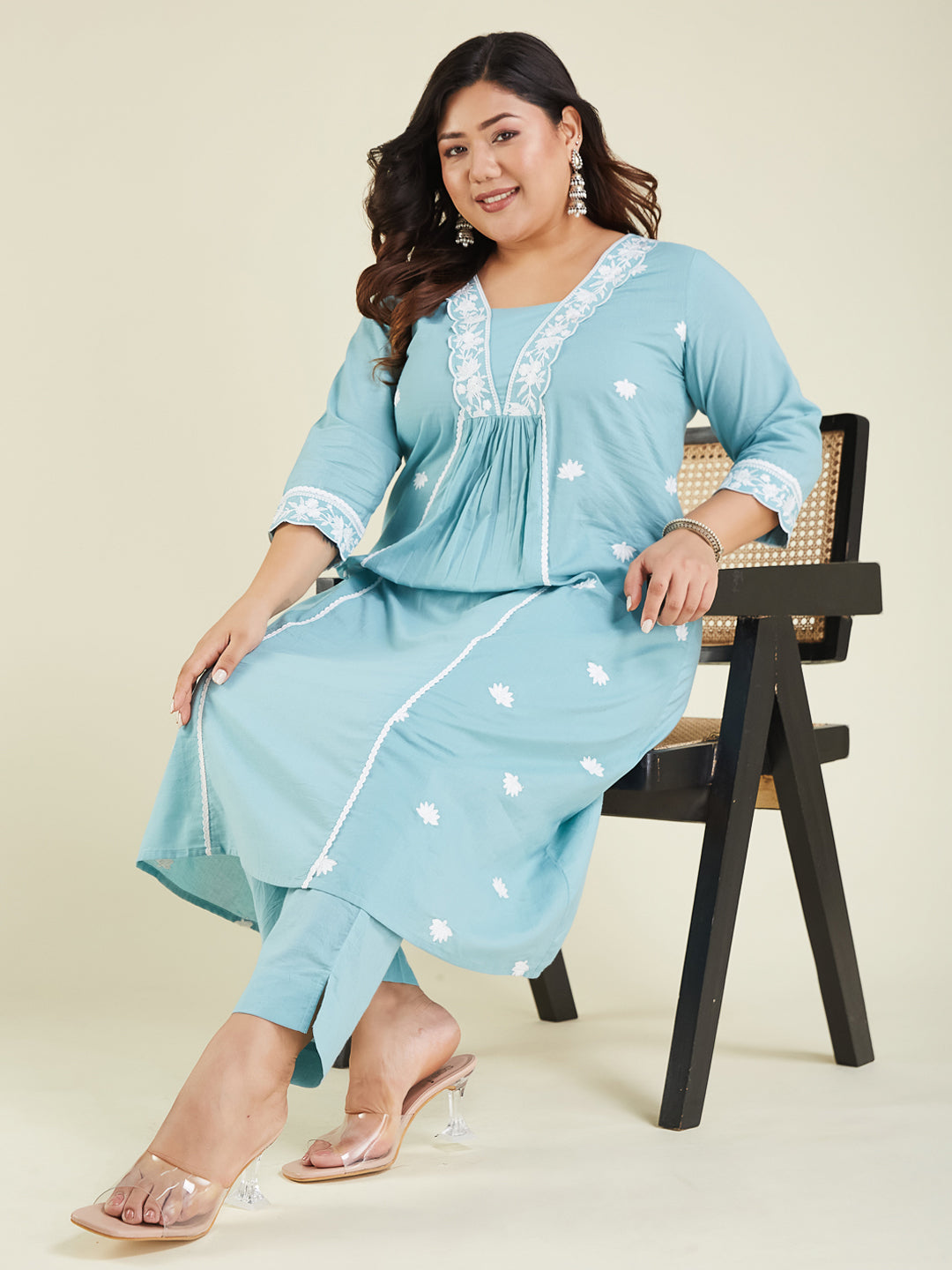 Janasya Light Cotton Embroidered A-Line Kurta Set