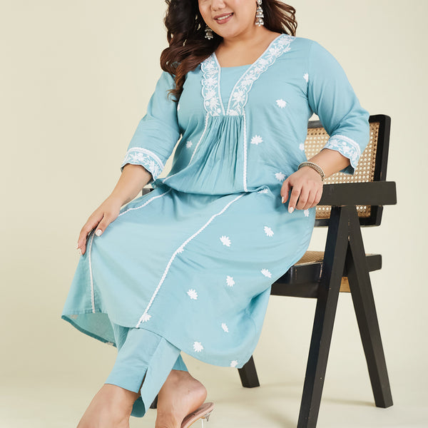 Janasya Light Cotton Embroidered A-Line Kurta Set
