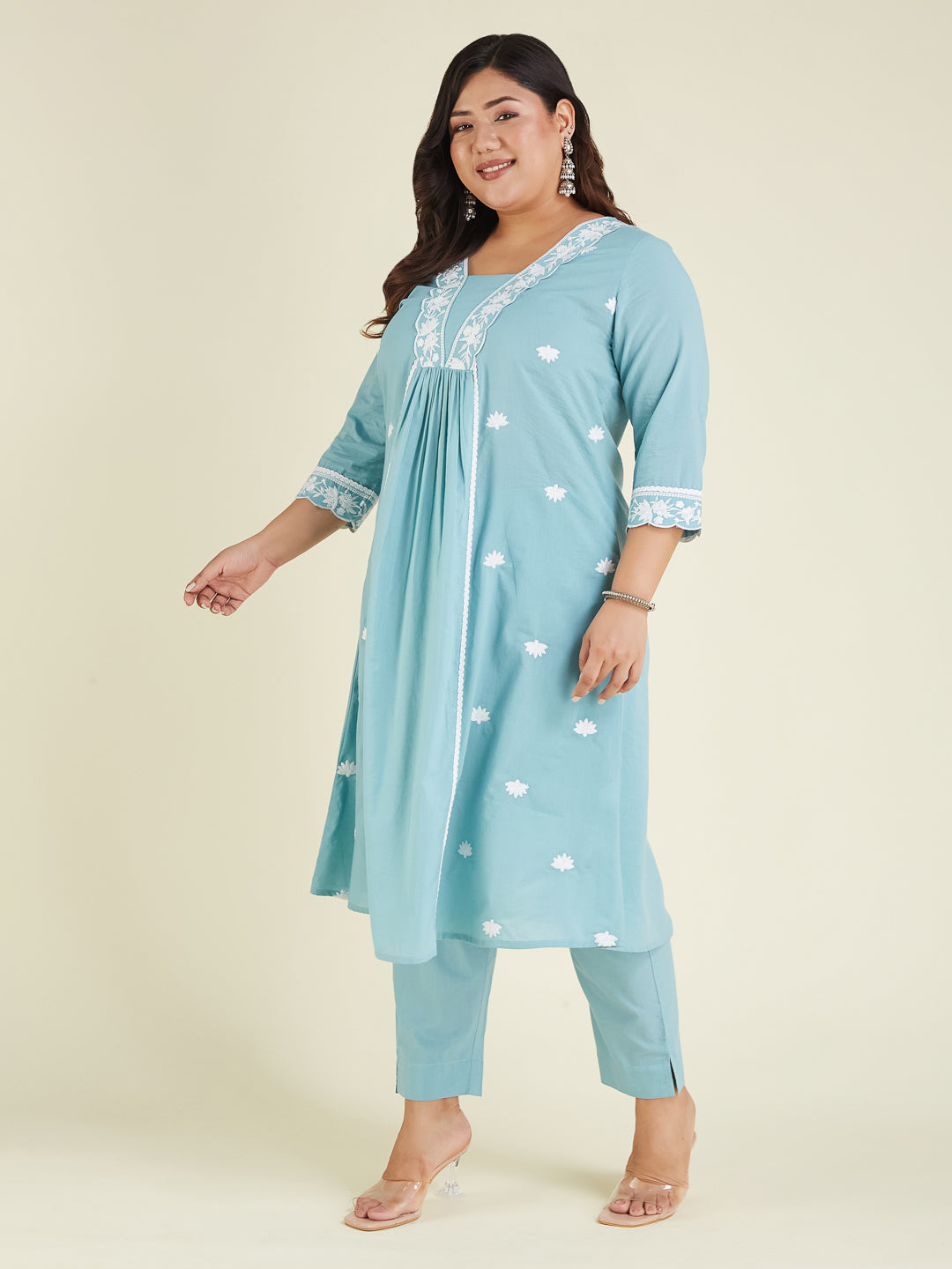Janasya Light Cotton Embroidered A-Line Kurta Set