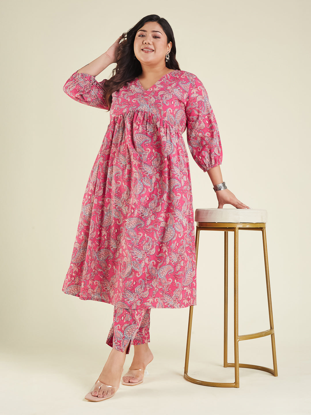 Janasya Bright Cotton Floral A-Line Kurta Set