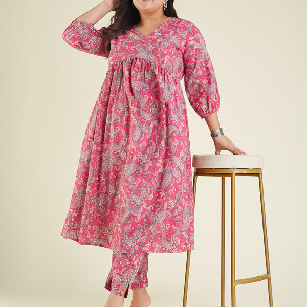 Janasya Bright Cotton Floral A-Line Kurta Set