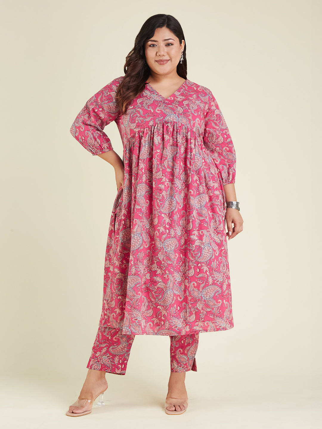 Janasya Bright Cotton Floral A-Line Kurta Set